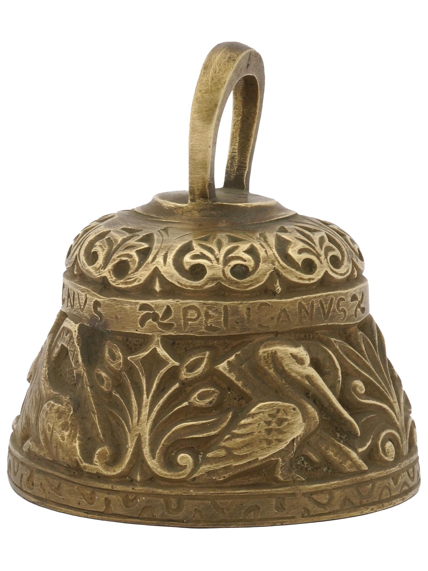 CAST BRONZE CHURCH HAND BELL WITH ANIMAL RELIEF PIC-1
